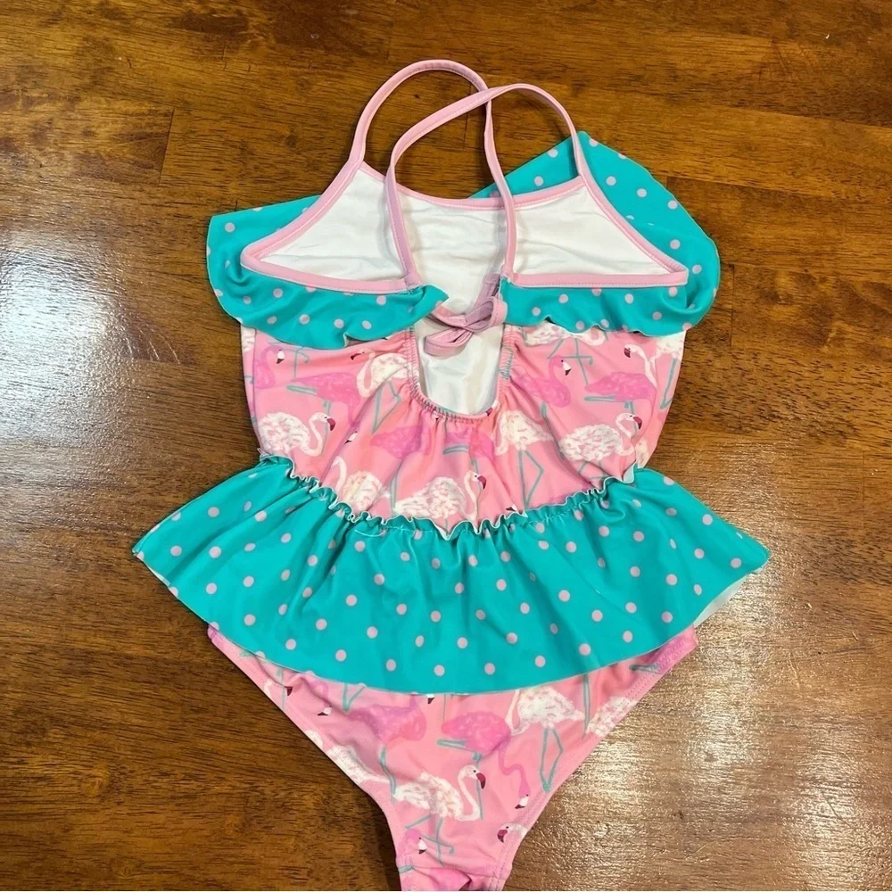 Matilda Jane pink blue flamingo polka dot one piece swim suit size 10